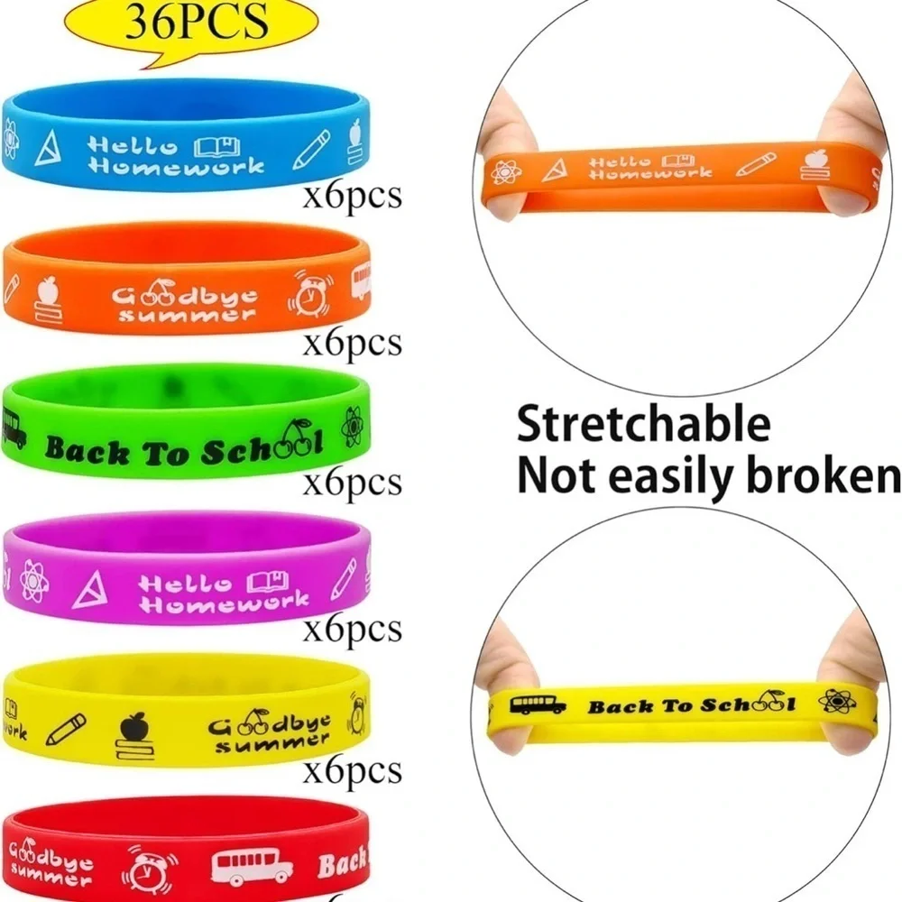 New 36-Pack Back to School Silicone Wristbands Party Favors – 6 Colors, 2 Styles